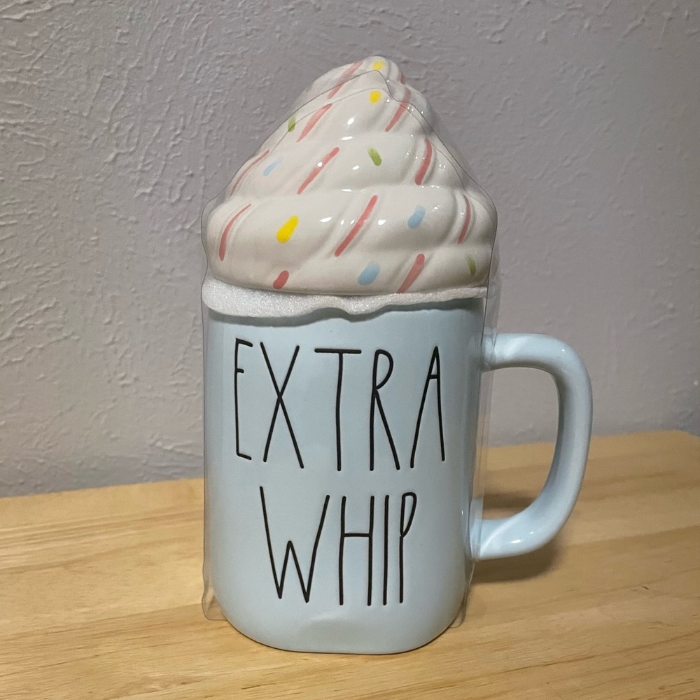 NWT Rae Dunn pale blue EXTRA WHIP mug w sprinkles on topper